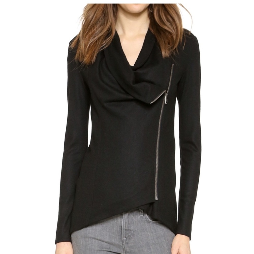 Helmut Lang Sweater Jacket Small Moto‎ Black Wool Asymmetrical Zip